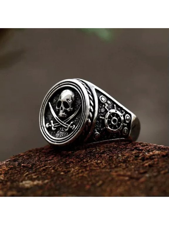 Vintage Pirate Cross Sword Skull Ring Stainless Steel Pirate Symbol Mens Ring-13
