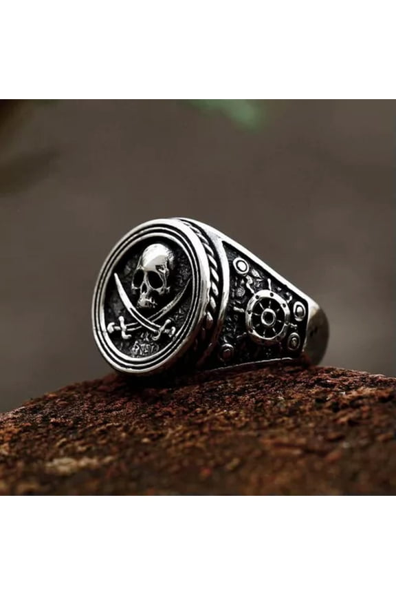 Vintage Pirate Cross Sword Skull Ring Stainless Steel Pirate Symbol Mens Ring-8