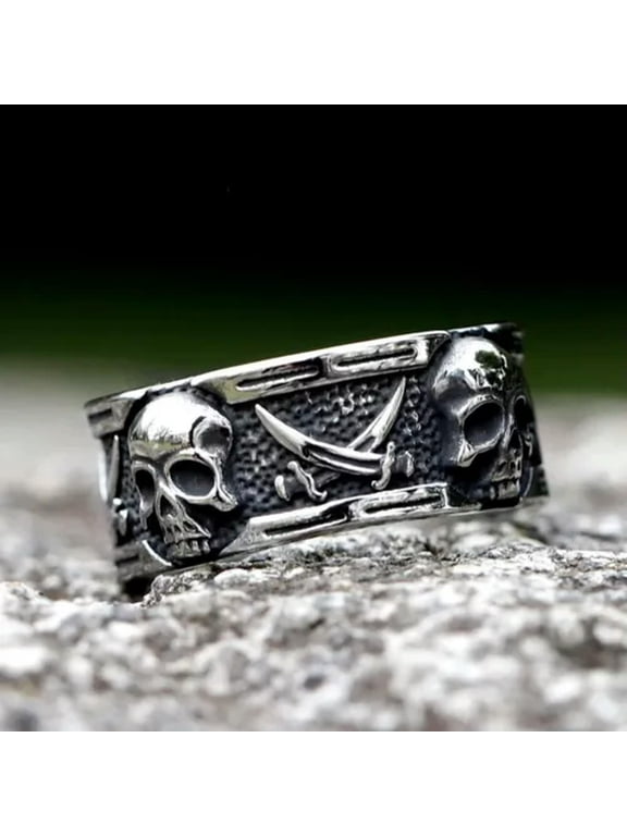 Vintage Pirate Cross Sword Skull Ring Stainless Steel Rudder Skull Men's Ring-11