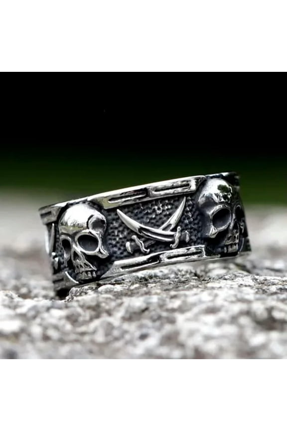 Vintage Pirate Cross Sword Skull Ring Stainless Steel Rudder Skull Men's Ring-8