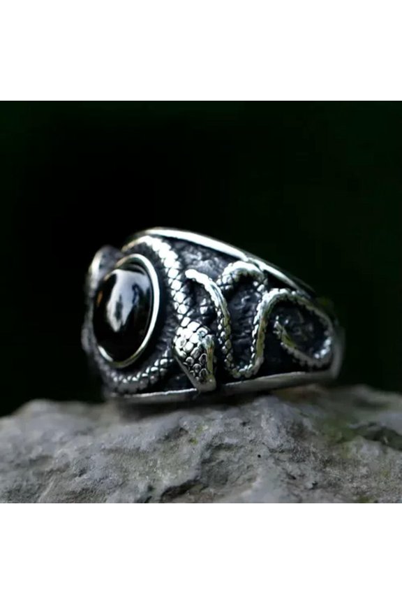 Vintage Red CZ Blood Stone Snake Ring Stainless Steel Punk Classic Wedding Ring-Black-11