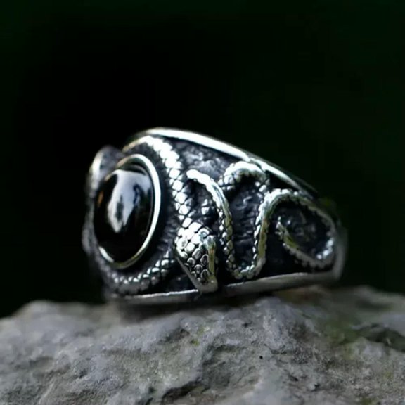 MATROOY Vintage Red CZ Blood Stone Snake Ring Stainless Steel Punk Classic Wedding Ring-Black-7