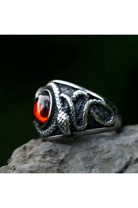 Vintage Red CZ Blood Stone Snake Ring Stainless Steel Punk Classic Wedding Ring-Red-9