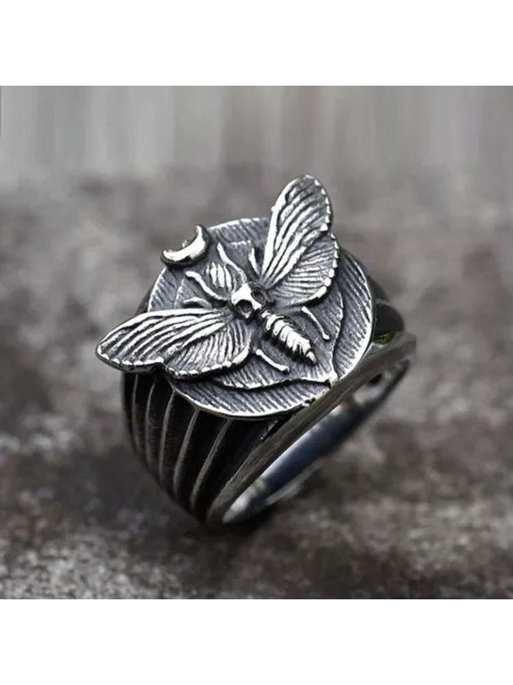 Vintage Skull Pattern Moth Ring Stainless Steel Men's Insect Biker Jewelry Ring-11