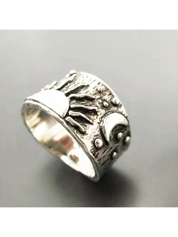 Vintage Style Punk Ring Sun and Moon Rings Silvery Band for Women Party Jewelry-01#-7