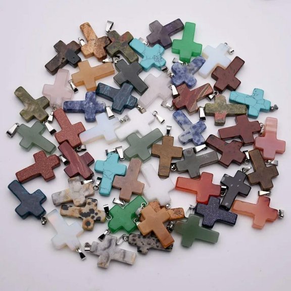 MATROOY Wholesale 50pcs Natural Mixed Stone Cross Shape Pendant Bead Jewelry 28x20x5mm