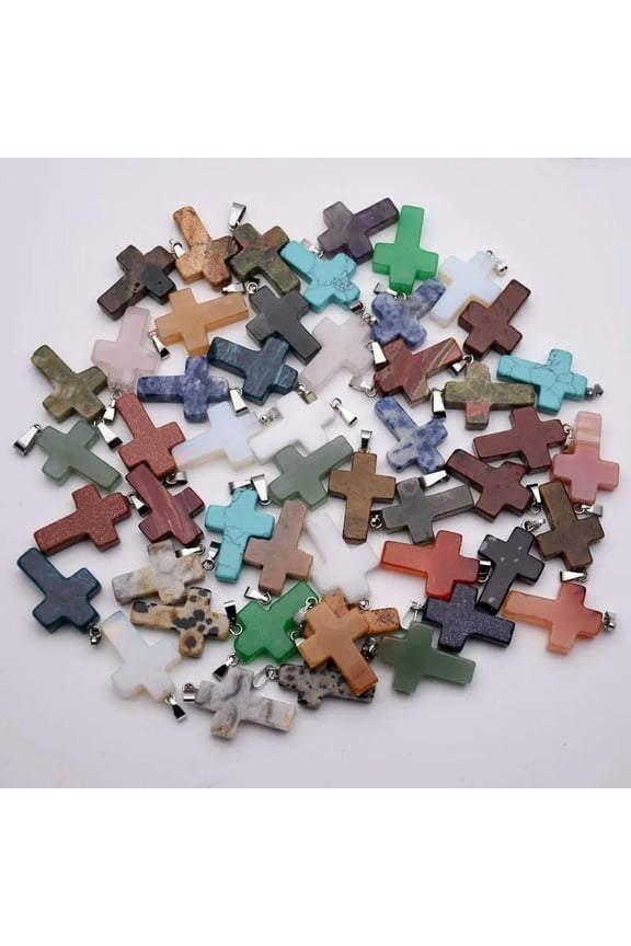 Wholesale 50pcs Natural Mixed Stone Cross Shape Pendant Bead Jewelry 28x20x5mm