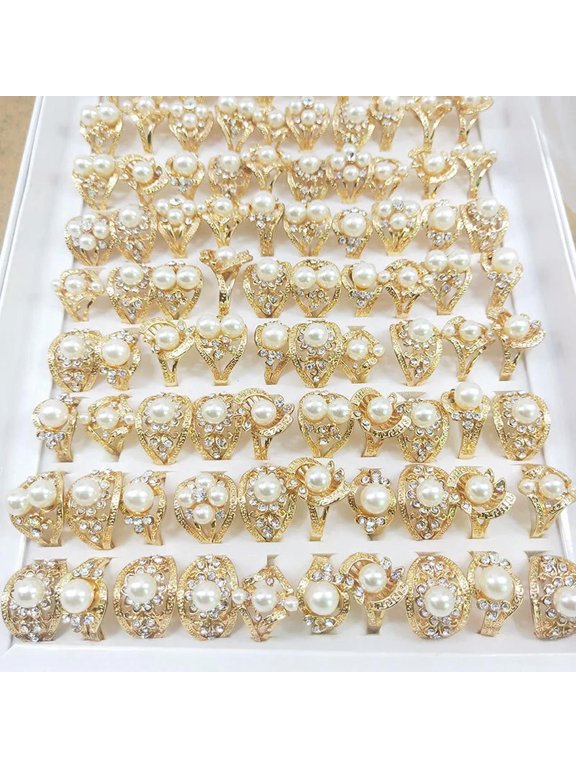 Wholesale Lots 24pcs Womens Jewelry Pearl Ring Clear Rhinestone Rings
