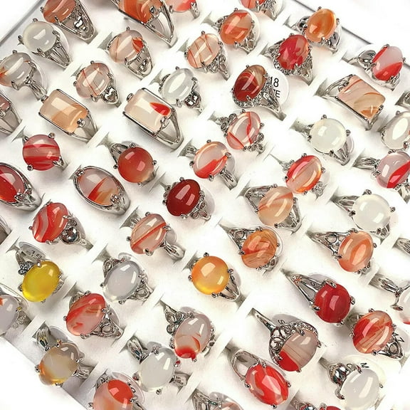 MATROOY Wholesale Mixed Lots 20pcs Women Rings Red Natural Stone Jewelry Silver P Ring