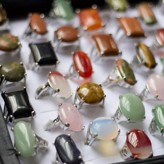 MATROOY Wholesale lots of jewelry 100pcs Big assorted Natural Gemstone Silver P Rings