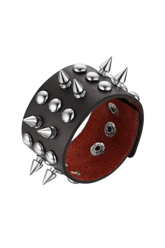 Wide Leather Bracelet For Men Rivet Spike Stud Punk Biker Cuff Bangle Wristband-Silver Coffee