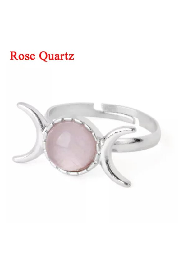 Woman Bohemian Triple Moon Phase Ring Natural Gemstone Moon Ring Jewelry-Rose Quartz-Adjustable