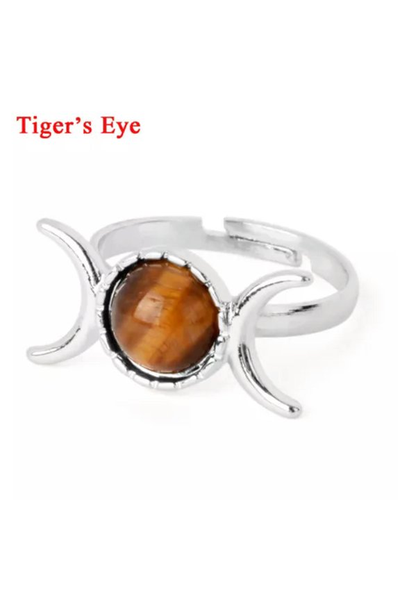 Woman Bohemian Triple Moon Phase Ring Natural Gemstone Moon Ring Jewelry-Tiger's eye-Adjustable