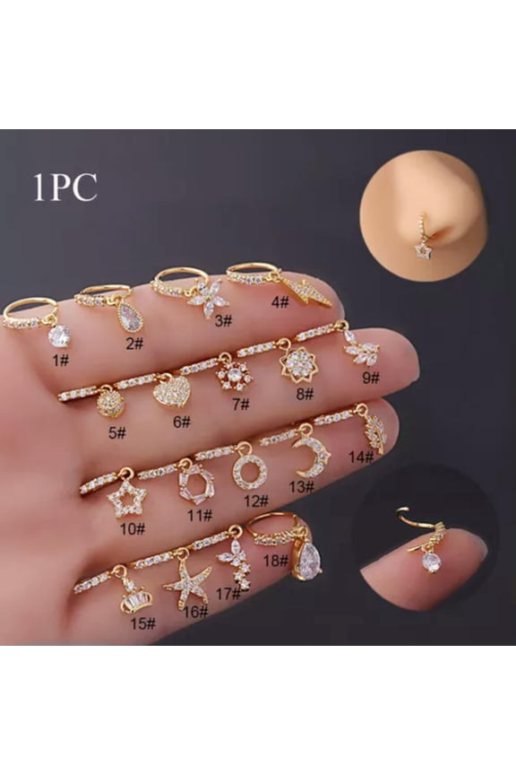 Women 8mm Zircon Dangle Nose Ring Clicker Nose Hoop Body Piercing Jewelry Art ➳-gold-15