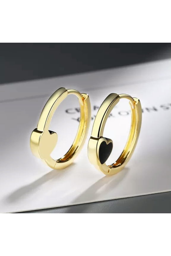 Women 925 Silver Hoop Huggie Earrings Black Epoxy Heart Ear Clip-gold
