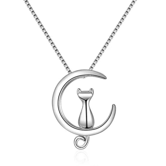 MATROOY Women 925 Sterling Silver Moon kitty Pendant Necklace Chain Fashion Jewelry-silver