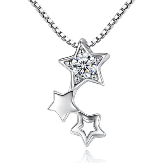 MATROOY Women 925 Sterling Silver Shiny Crystal Star Pendant Necklace Chain Jewelry-Silver