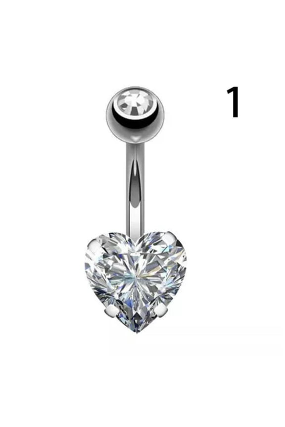 Women Belly Button Ring Rhinestone Heart Shaped Navel Barbell Piercing Jewelry ~-1