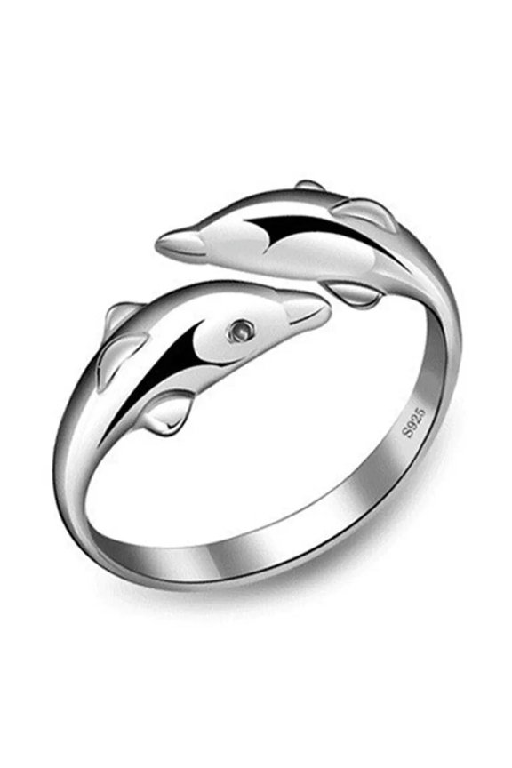 Women Fashion Double Dolphin Rings 925 Silver Open Adjustable Ring