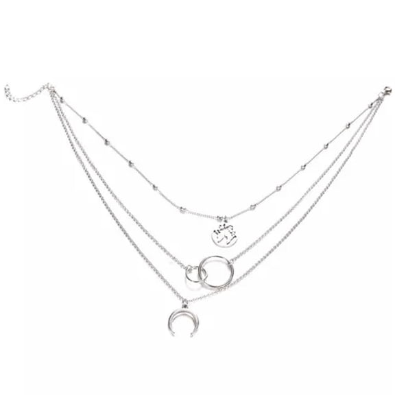 MATROOY Women Hot Retro Moon World Map Circle Multilayer Silver Necklace Charm Jewel --silver