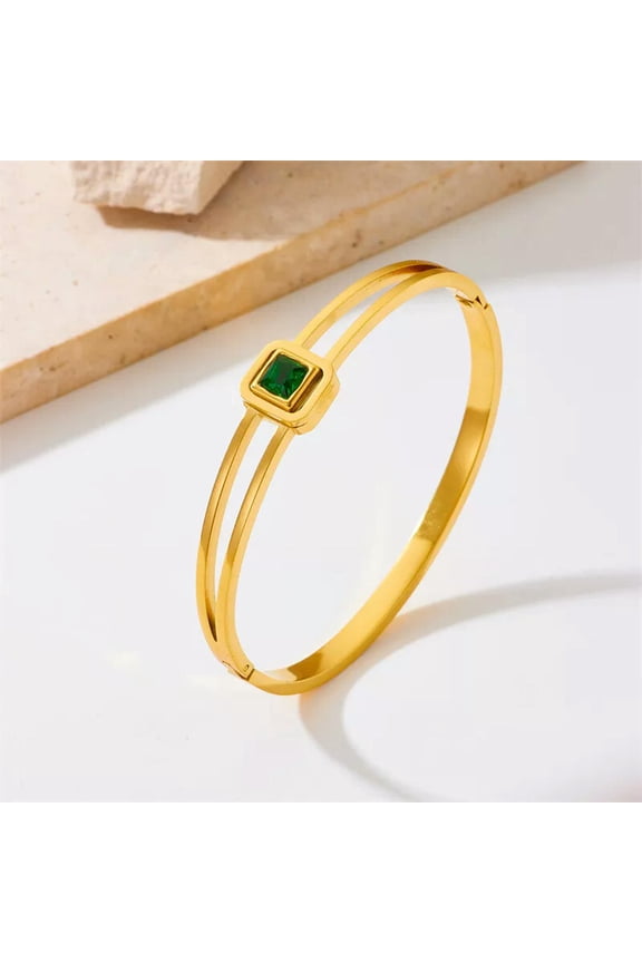 Women Jewelry 18K Gold Plated Stainless Steel Square Green CZ Bangle Bracelet