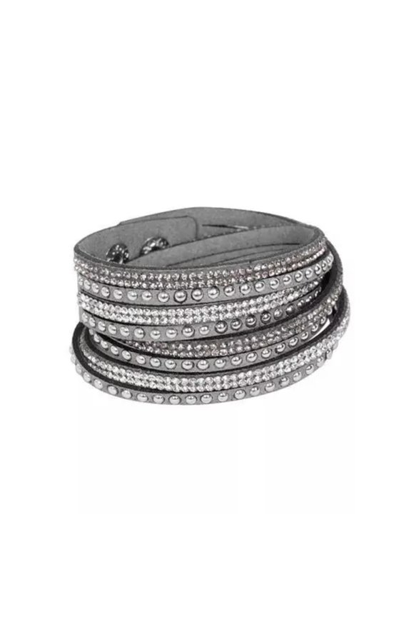 Women Leather Wrap Wristband Cuff Rock Punk Crystal Rhinestone Bracelet Bangle-Gray