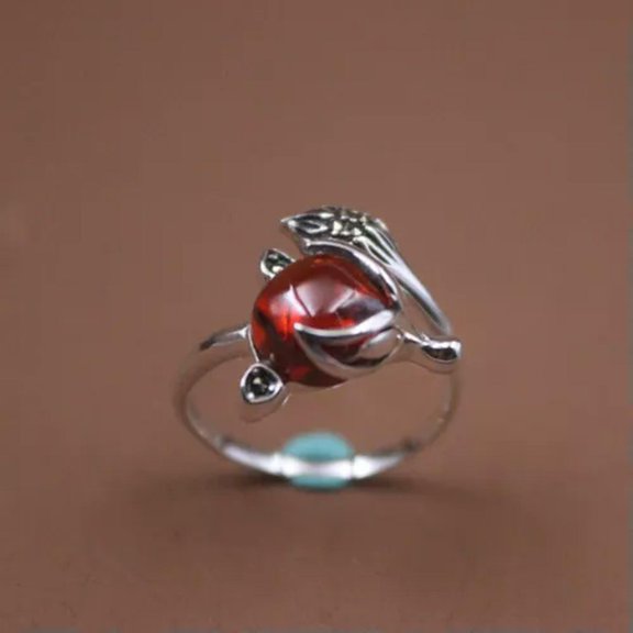 MATROOY Women Men Pure S925 Sterling Silver Band Craved Lucky Garnet Cute Fox Rings