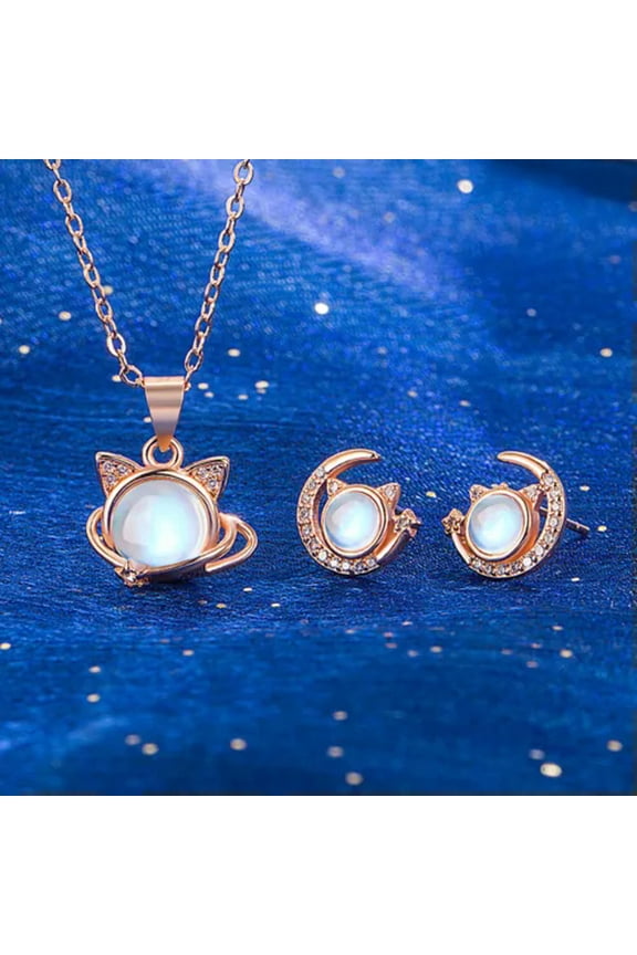 Women Moonstone Cat Moon 925 Sterling Silver Necklace Earrings Sets Jewelry Gift-rose gold