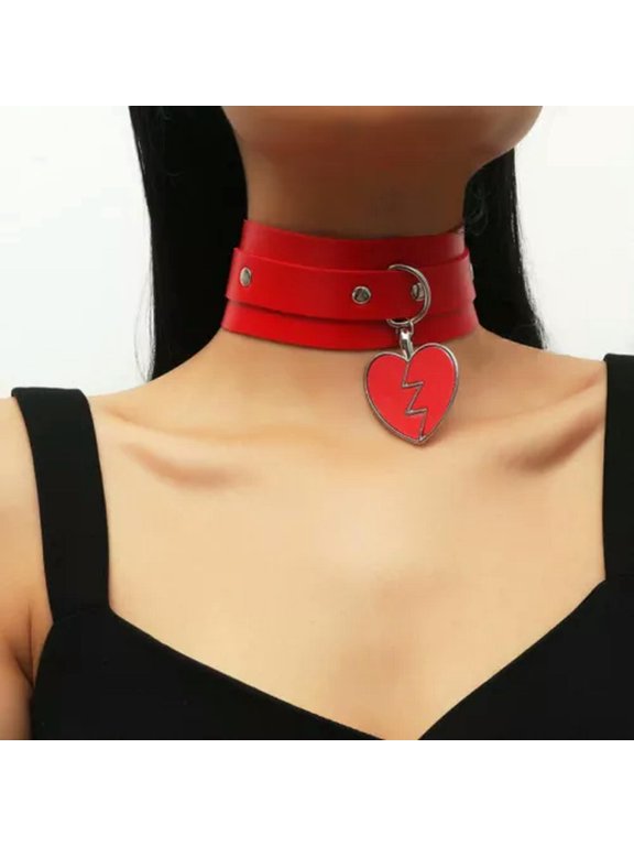 Women PU Leather Choker Necklace O Ring Chain Neck Collar Gothic Punk Black Belt-37-Red Heart Lightning