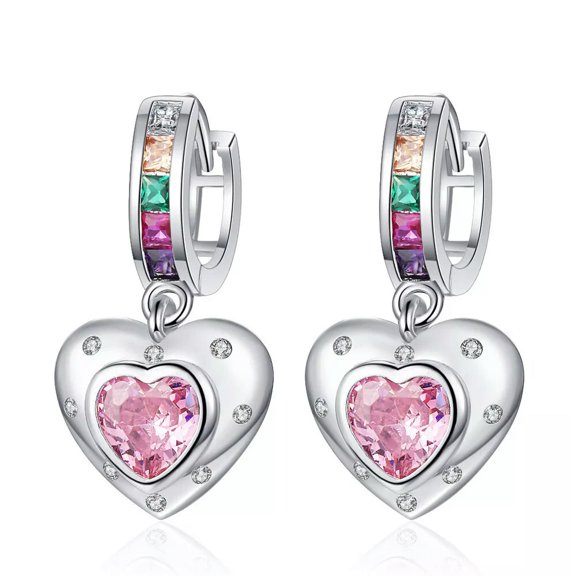 MATROOY Women Pink Crystal Heart Drop Earrings 925 Silver Hoop Huggie Earrings