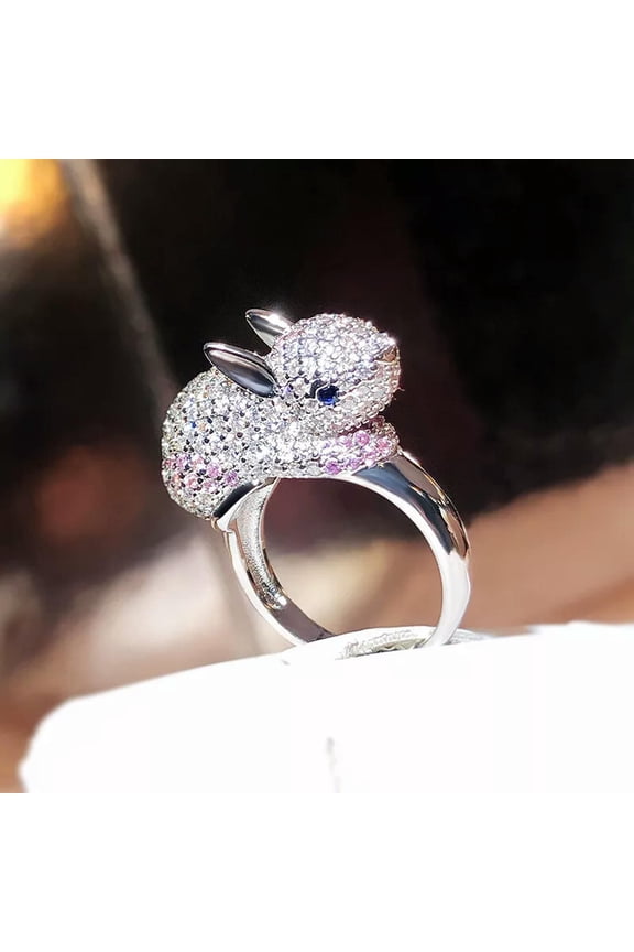 Women Pink Crystal Rabbit 925 Silver Rings Open Adjustable Ring Jewelry Size 7