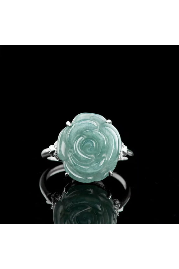 Women Real 925 Sterling Silver Ring Natural A Grade Jade Jadeite Rose Ring 5-9