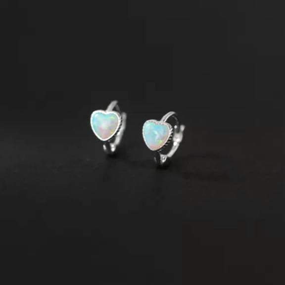 MATROOY Women Solid 925 Sterling Silver 10mm Hoop Sleeper Earrings with Opal Heart