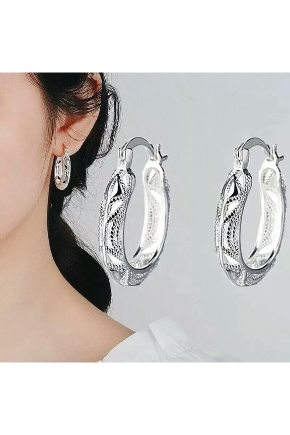 Womens 925 Sterling Silver Filigree Oval Unique 1 Inch Beautiful Hoop Earrings