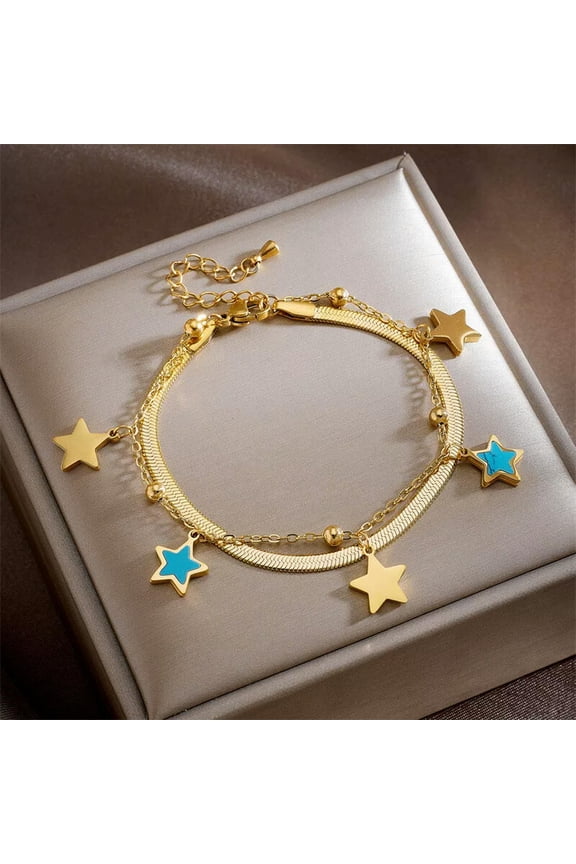 Womens 18K Gold Plated Stainless Steel Star Dangle Charm Bracelet Bangle B723