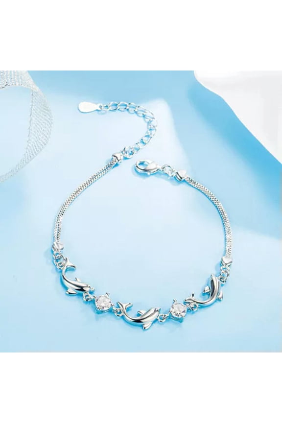 Womens 925 Silver Crystal Dolphin Bracelet Bangle Jewelry Gift 2 Color-white crystal