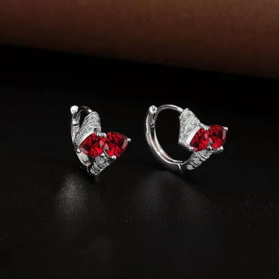 MATROOY Womens 925 Silver Heart Crystal CZ Bow Hoop Huggie Earrings Ear Buckle Jewelry-Red