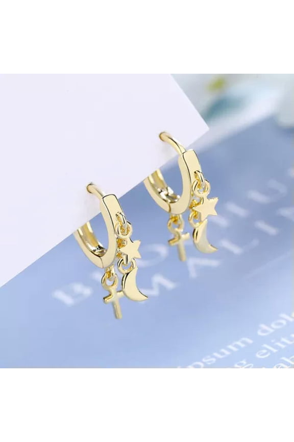 Womens 925 Silver Star Moon Cross Dangle Drop Hoop Huggie Earrings Gift-gold