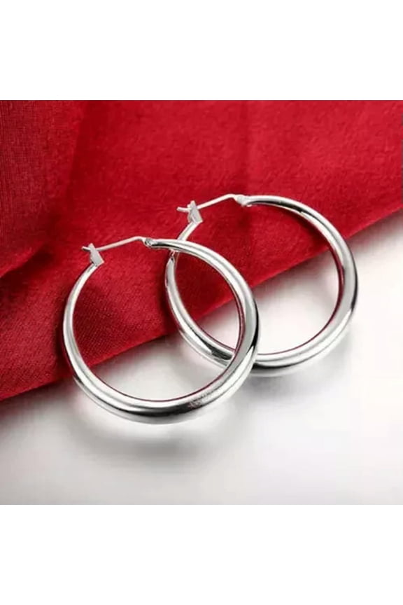 Womens 925 Sterling Silver Classic 34mm Round Vogue Hoop Pierced Earrings #E93