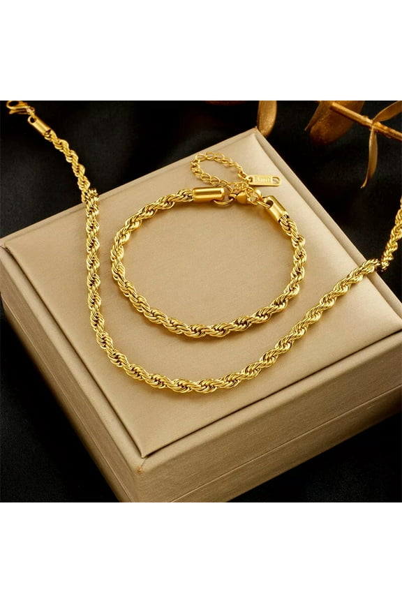 Womens Jewelry Set 18K Gold Plated Stainless Steel Twist Bracelet Chain Necklace
