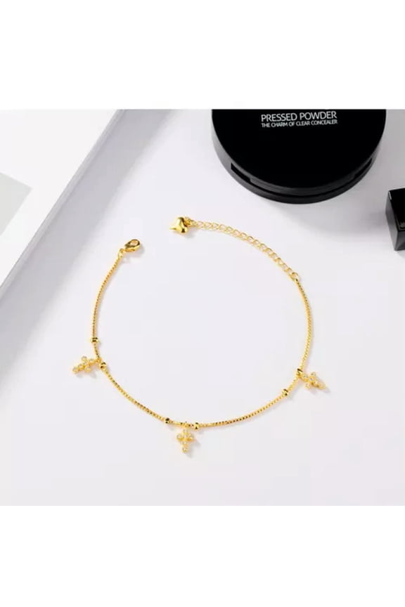 Womens Rhinestone Cross Drop Golden Chain Anklet #95390-Gold
