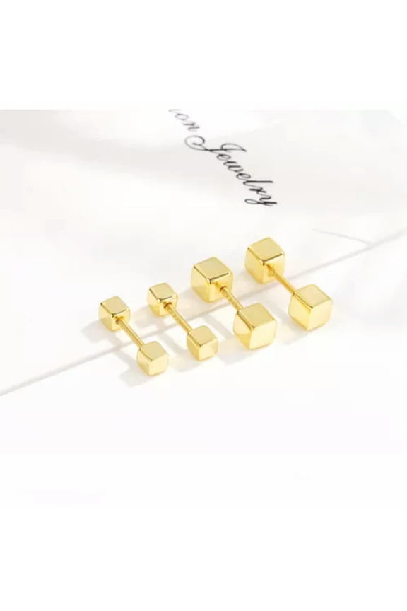 Womens Silver Gold Black Small Square Cube Ear Stud Screw Back Earrings 2/3/4mm-Gold-3mm