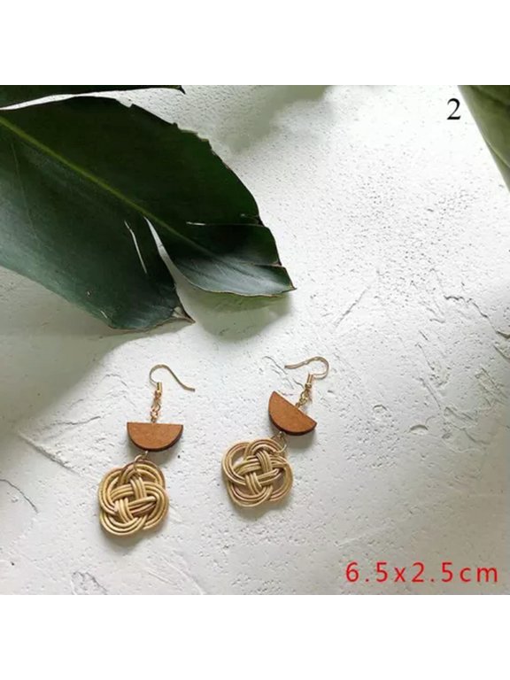 Wooden Straw Rattan Woven Earrings Geometric Dangle EarStud Jewelry Temperament-2
