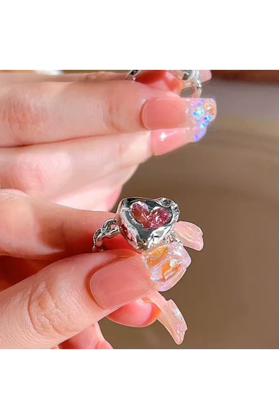 Y2K Pink Crystal Irregular Heart Ring Vintage Shiny Zircon Opal Love Open R-A2