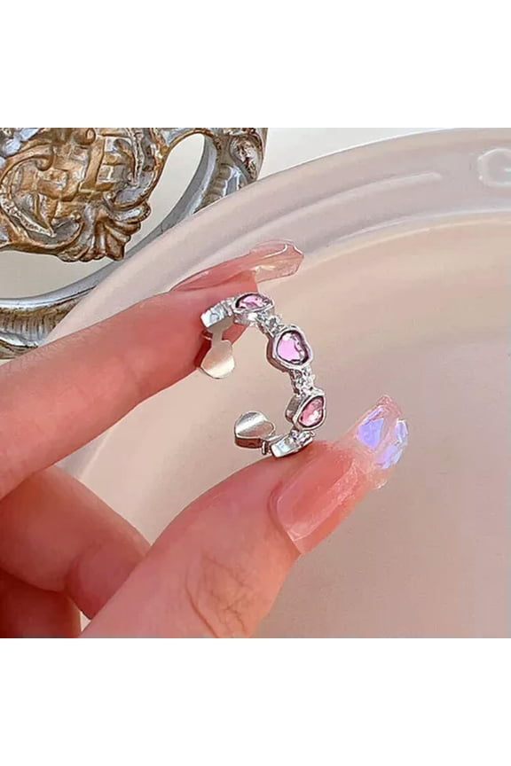 Y2K Pink Crystal Irregular Heart Ring Vintage Shiny Zircon Opal Love Open Ring-A4