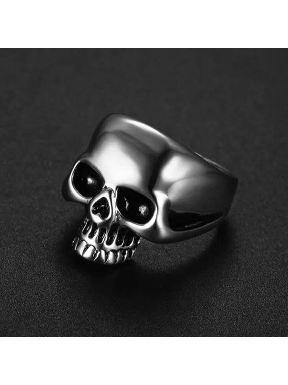 vintage stainless steel punk evil biker skull ring design male silver black men-11-Silver