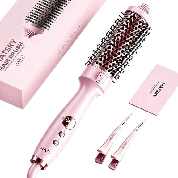 MATSKY 1.5" Pink Thermal Brush, Ionic Heated Round Curling Brush for Fine Hair, 5 Heat Settings, Frizz Control Volumizer