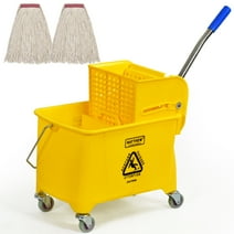 MATTHEW CLEANING Commercial Mop Bucket INCL.2 Pack Mop Head with Side Press Wringer On Wheels,Heavy Duty Tandem Portable Floor Cleaning Wavebrake,Ideal for Household,Industrial,Restaurant,22 Quart