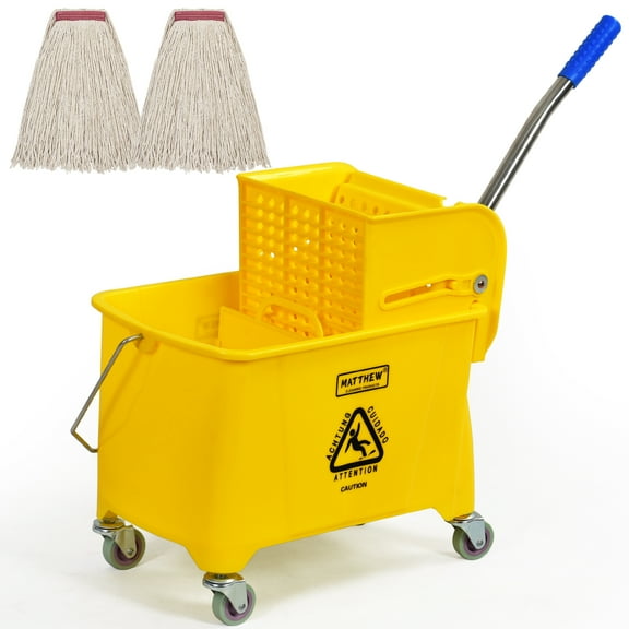 MATTHEW CLEANING Mop Bucket String Mop with Side Press Wringer On Wheels,Heavy Duty Tandem Portable Floor Cleaning Wavebrake,Ideal for Household,Industrial,Restaurant,22 Quart