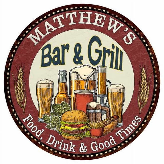 MATTHEW'S Bar and Grill 14" Round Metal Sign Kitchen Wall Decor 100140020418